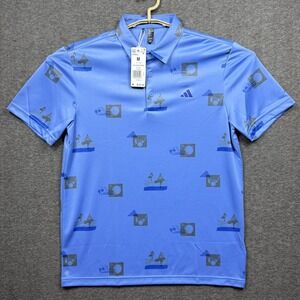 Adidas Polo Shirt Mens Medium Blue Golf Club Balls All Over Print Performance  M